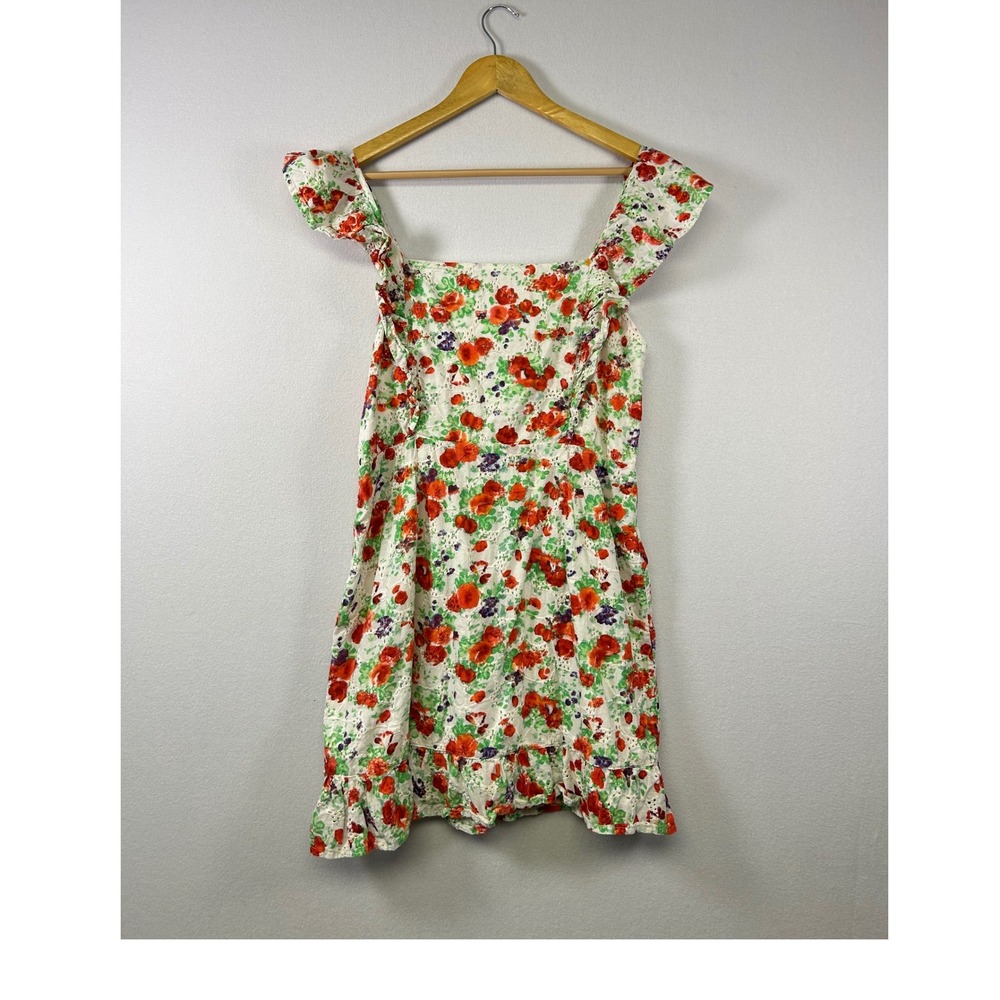 Blue Rain Floral Eyelet Mini Dress Women L White Red Poppy Ruffle Cap Sleeve